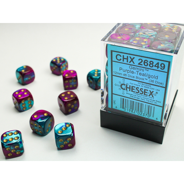 Chessex - Gemini 12mm d6 Purple-Teal/gold Dice Block (36 dice)