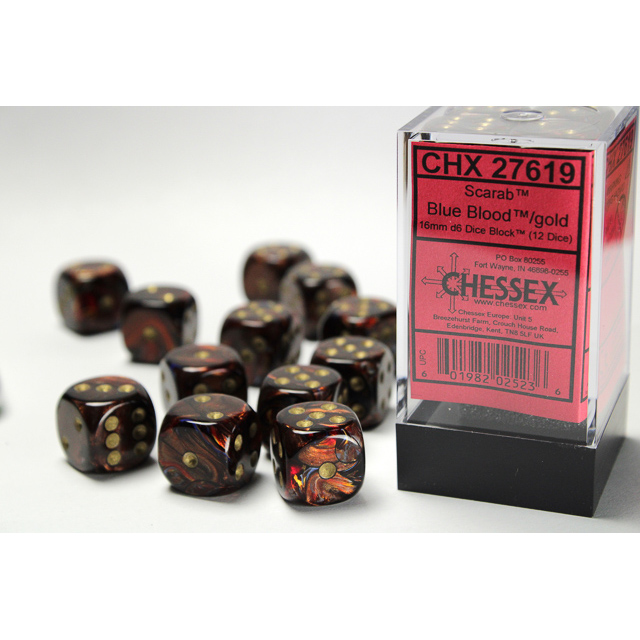 Chessex - Scarab 16mm d6 Blue Blood /gold Dice Block (12 dice)