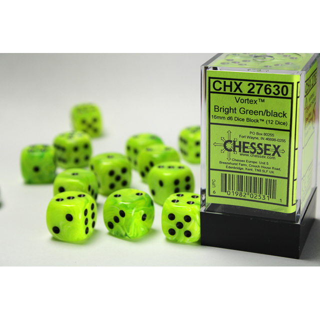 Chessex - Vortex 16mm d6 Bright Green/black Dice Block (12 dice)