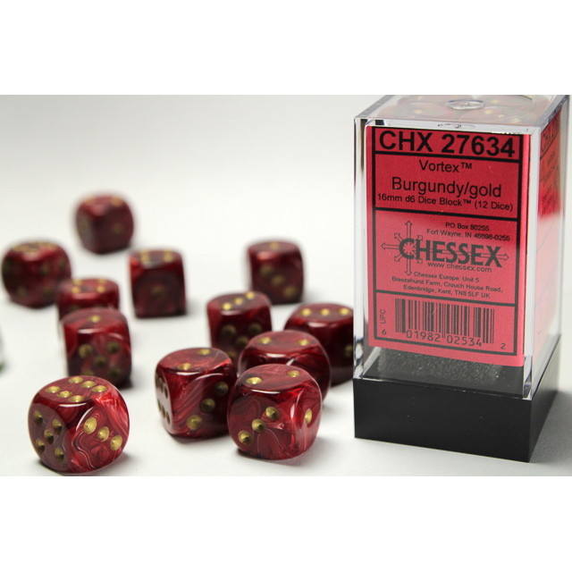 Chessex - Vortex 16mm d6 Burgundy/gold Dice Block (12 dice)