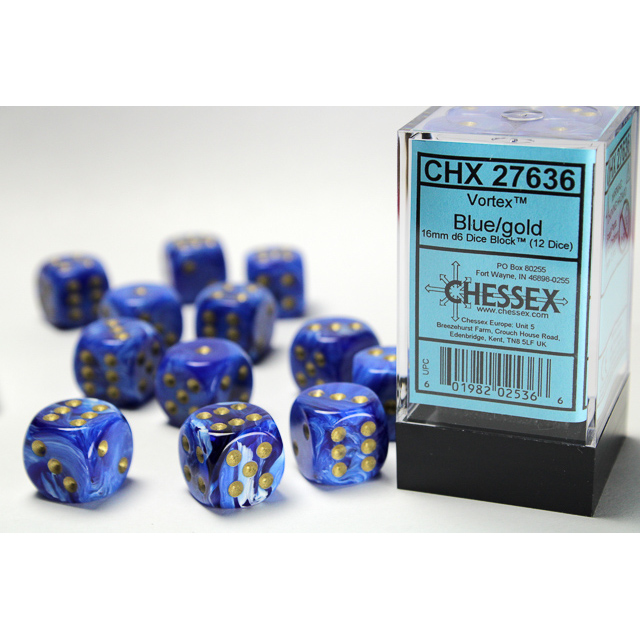 Chessex - Vortex 16mm d6 Blue/gold Dice Block (12 dice)
