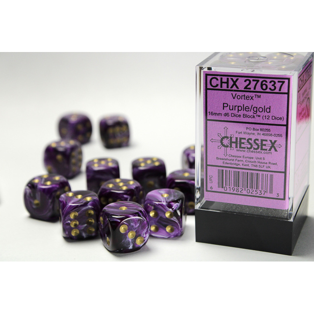 Chessex - Vortex 16mm d6 Purple/gold Dice Block (12 dice)