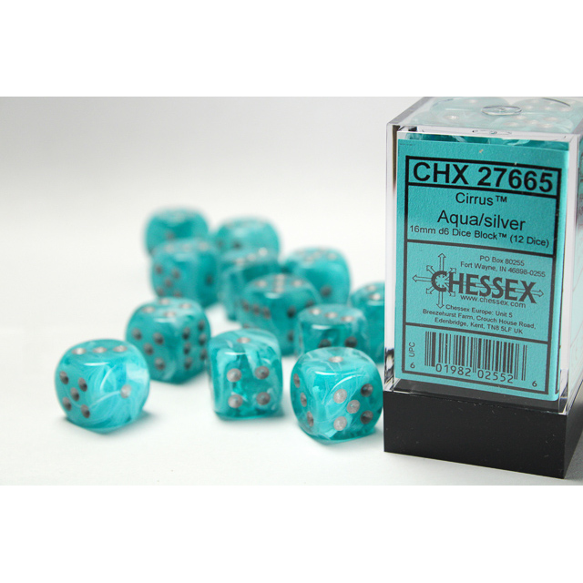 Chessex - Cirrus 16mm d6 Aqua/silver Dice Block (12 dice)