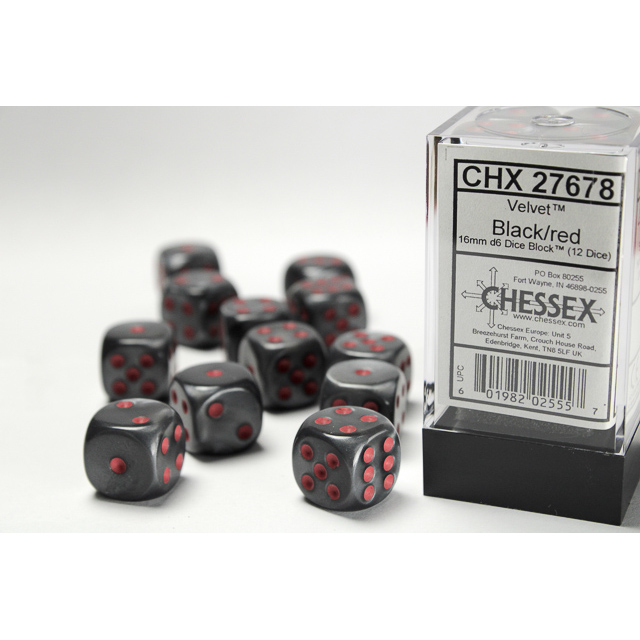 Chessex - Velvet 16mm d6 Black/red Dice Block (12 dice)