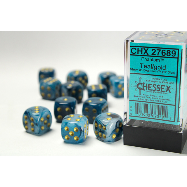 Chessex - Phantom 16mm d6 Teal/gold Dice Block (12 dice)