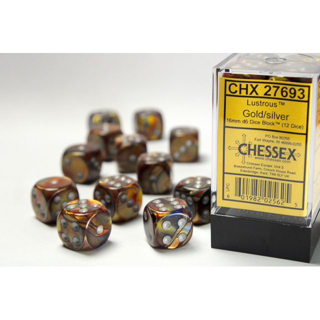 Chessex - Lustrous 16mm d6 Gold/silver Dice Block (12 dice)