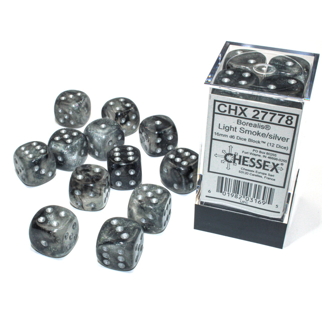 Chessex - Borealis 16mm d6 Light Smoke/silver Luminary Dice Block