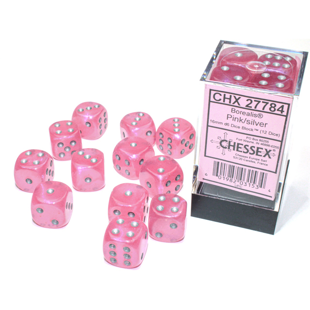 Chessex - Borealis 16mm d6 Pink/silver Luminary Dice Block (12 dice)