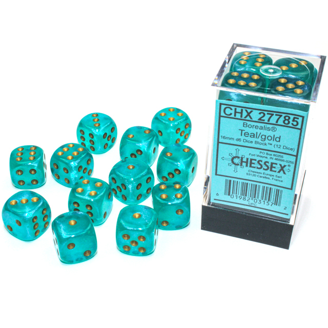 Chessex - Borealis 16mm d6 Teal/gold Luminary Dice Block (12 dice)