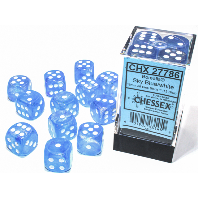 Chessex - Borealis 16mm d6 Sky Blue/white Luminary Dice Block (12 dice)