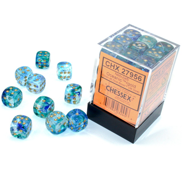 Chessex - Nebula 12mm d6 Oceanic /gold Luminary Dice Block (36 dice)