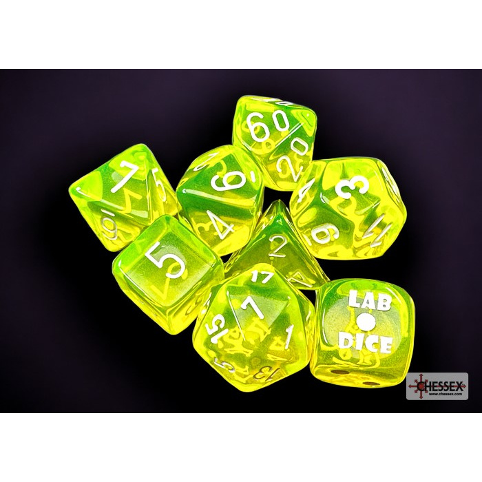 Chessex - Translucent Polyhedral Neon Yellow/white 7-Die Set (with bonus die)