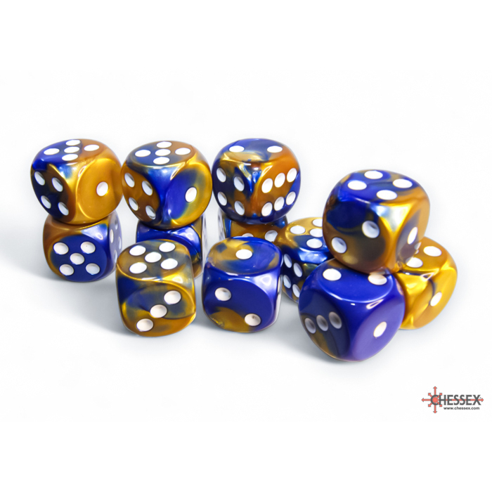 Chessex - Gemini 16mm d6 Blue-Gold/white Dice Block (12 dice)