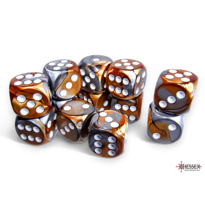 Chessex - Gemini 16mm d6 Copper-Steel/white Dice Block (12 dice)