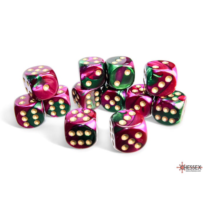 Chessex - Gemini 16mm d6 Green-Purple/gold Dice Block (12 dice)