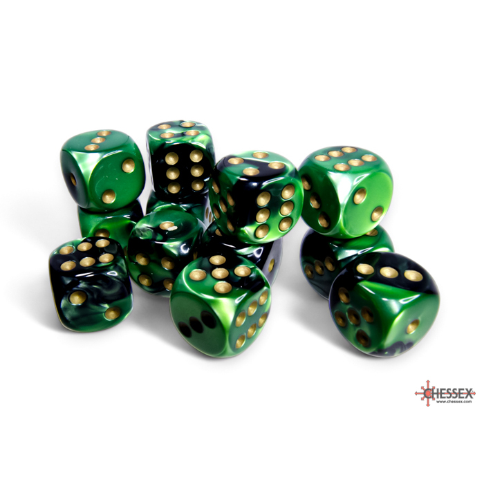 Chessex - Gemini 16mm d6 Black-Green/gold Dice Block (12 dice)