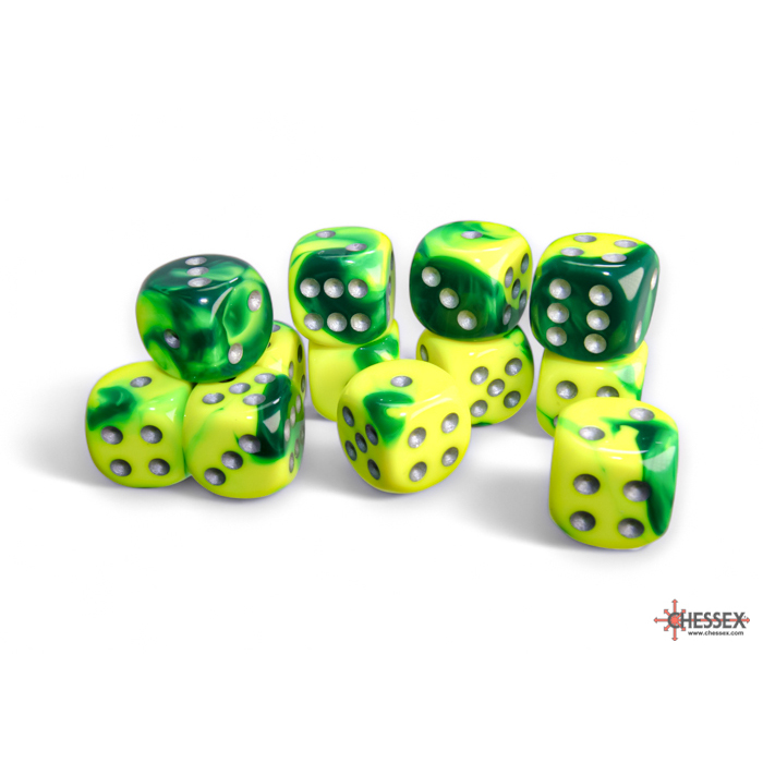 Chessex - Gemini 16mm d6 Green-Yellow/silver Dice Block (12 dice)