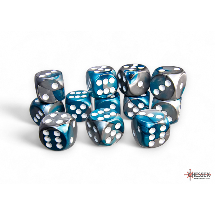 Chessex - Gemini 16mm d6 Steel-Teal/white Dice Block (12 dice)