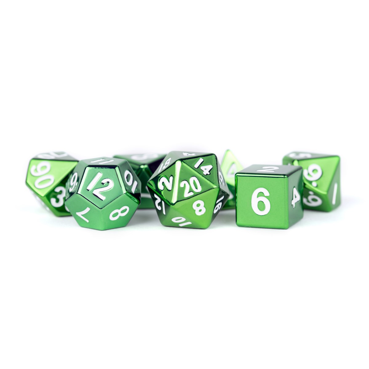 MDG - Metal Dice: Green with White Numbers 16mm Poly Set