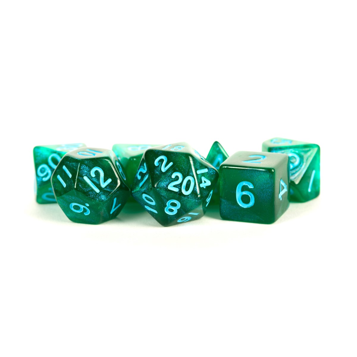 MDG - Acrylic Dice: Stardust- Green w/ Blue Number