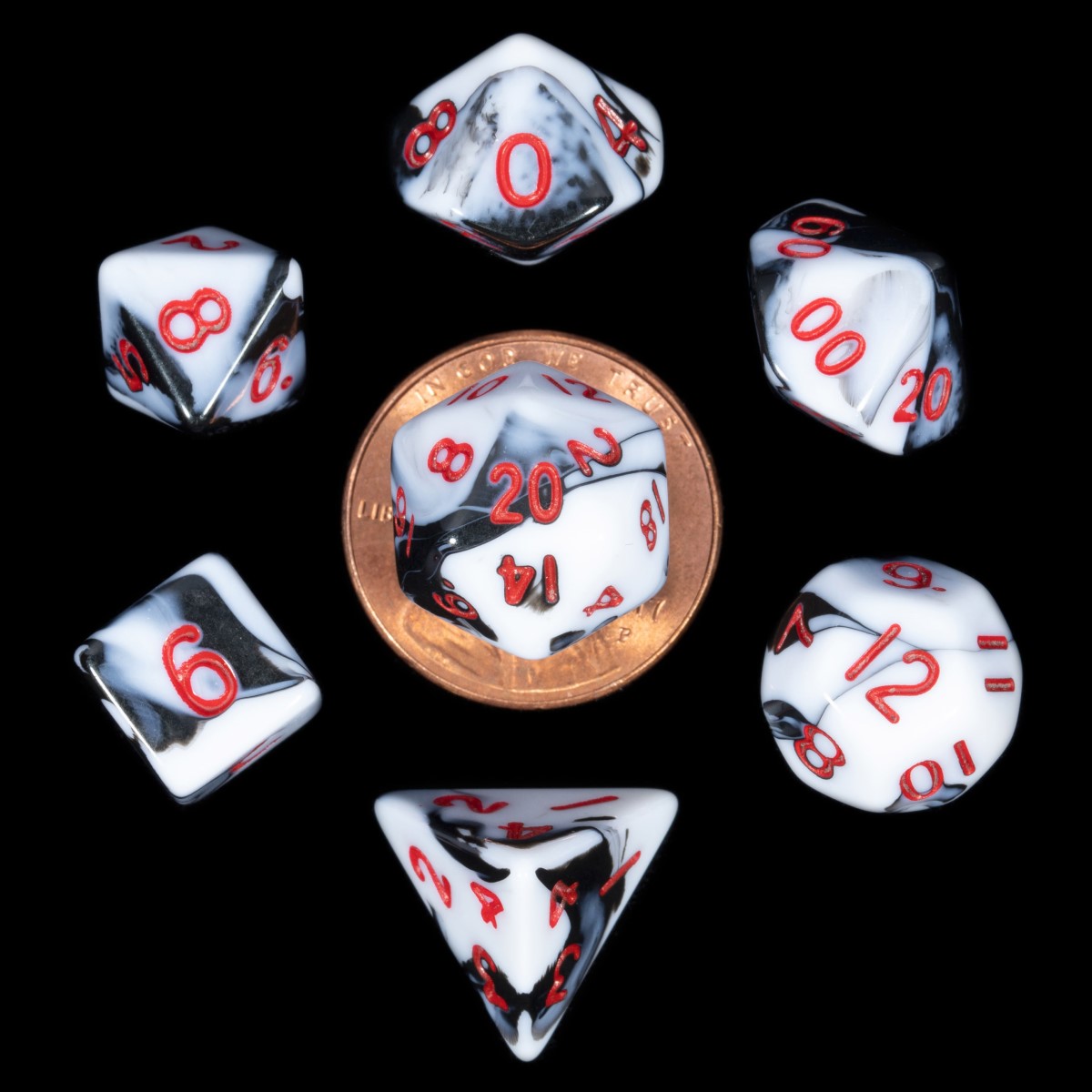 MDG - Mini Polyhedral Dice Set: Marble with Red Numbers