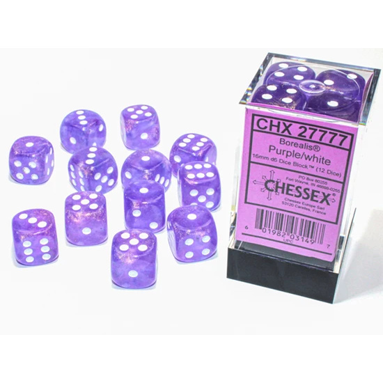 Chessex - Borealis 16mm d6 Purple/white Luminary Dice Block (12 dice)