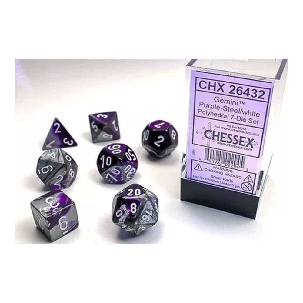 Chessex - Gemini Purple-Steel w/white Classic Polyhedral