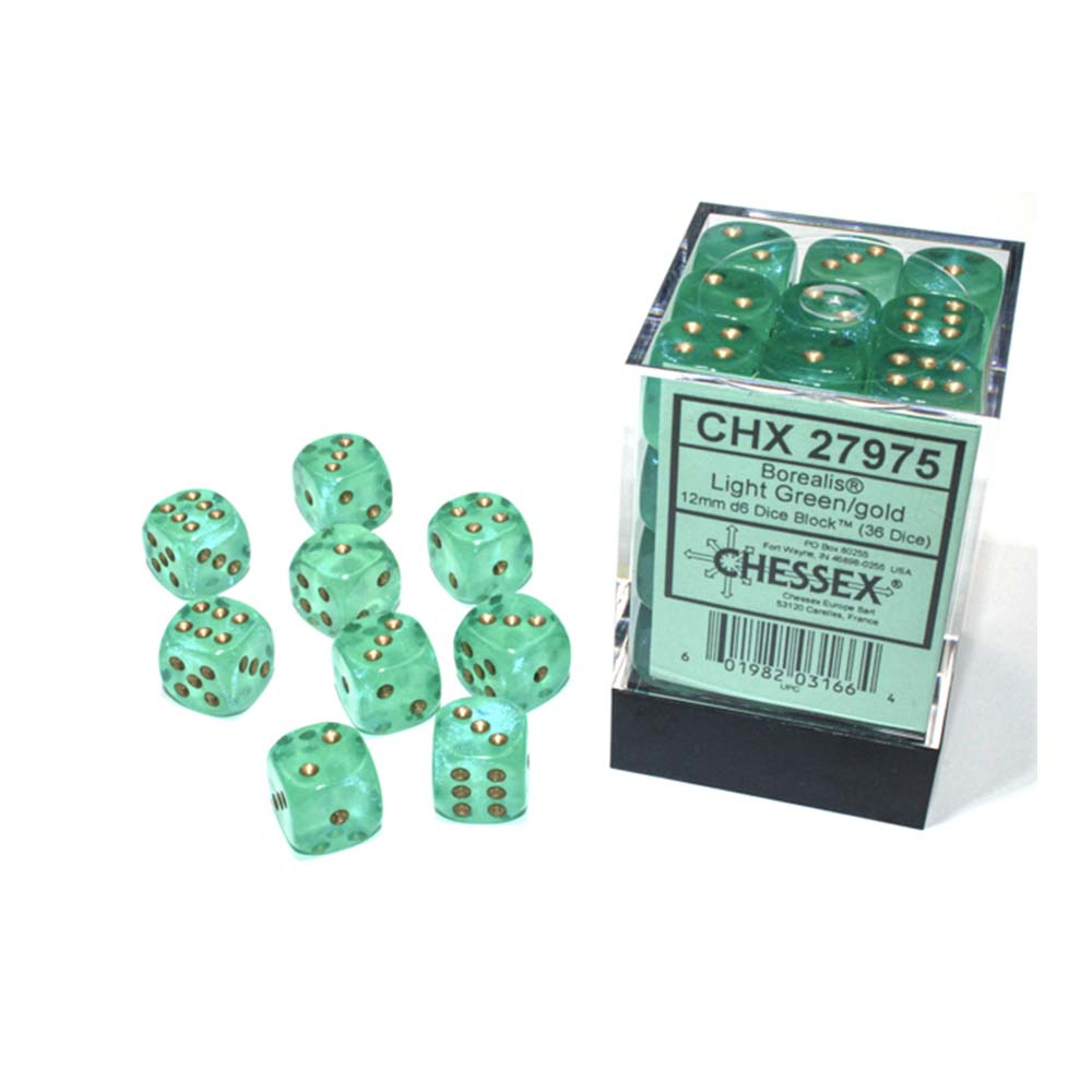 Chessex - Borealis 12mm d6 Light Green/gold Luminary Dice Block (36 dice)