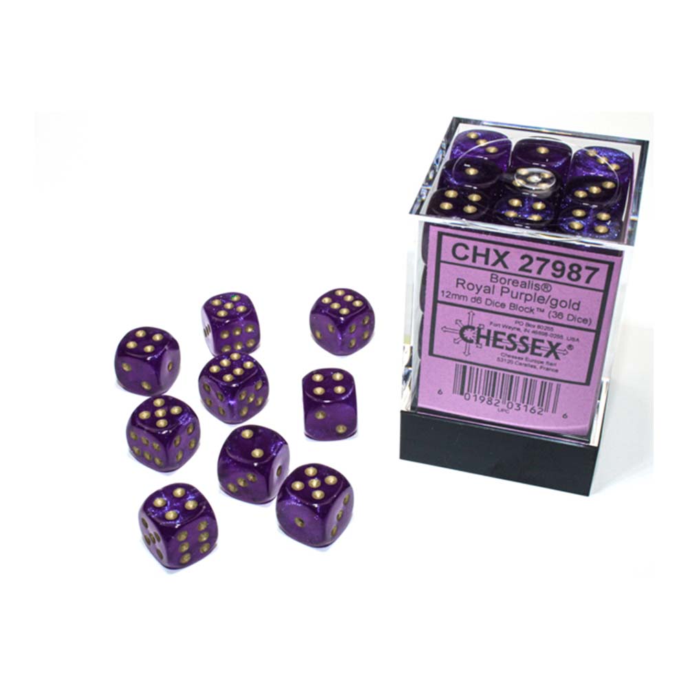 Chessex - Borealis 12mm d6 Royal Purple/gold Luminary Dice Block (36 dice)