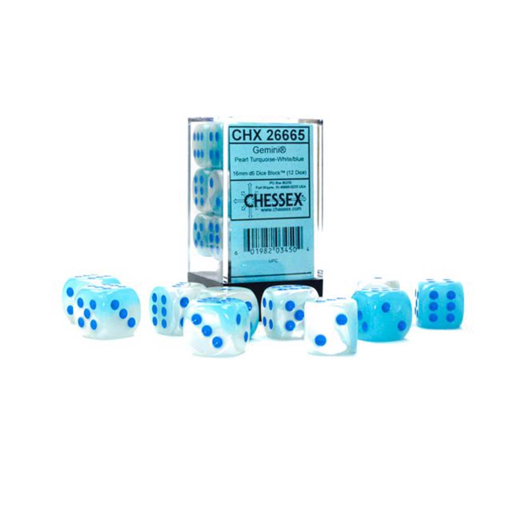 Chessex - Gemini 16mm d6 Pearl Turquoise-White/blue Luminary Dice Block (12 dice)