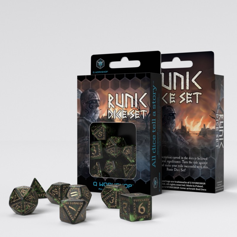 QW - Runic Bottle-green & gold Dice Set